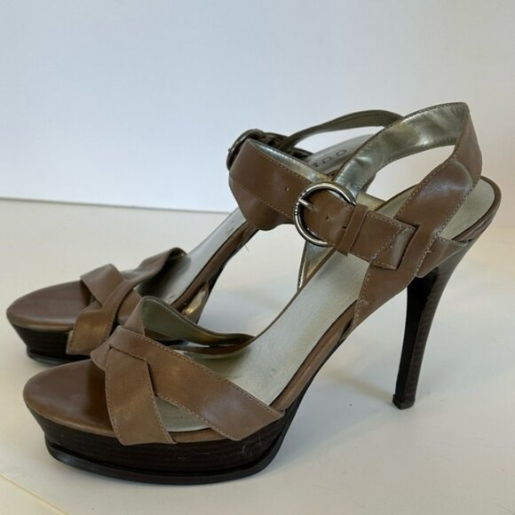 GUESS Brown Leather Strappy Platform Stiletto 5” Heels Sz 10M - Picture 2 of 10